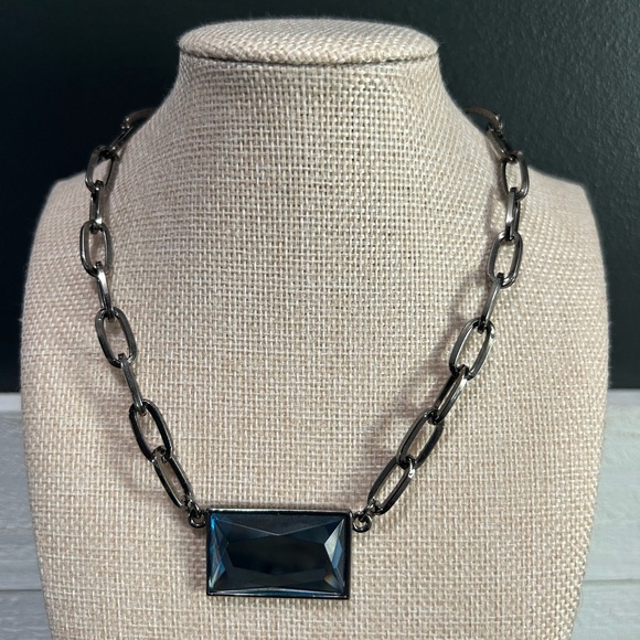 Lia Sophia Jewelry - Lia Sophia Gunmetal Statement Necklace | Faceted Blue Pendant| Adjustable